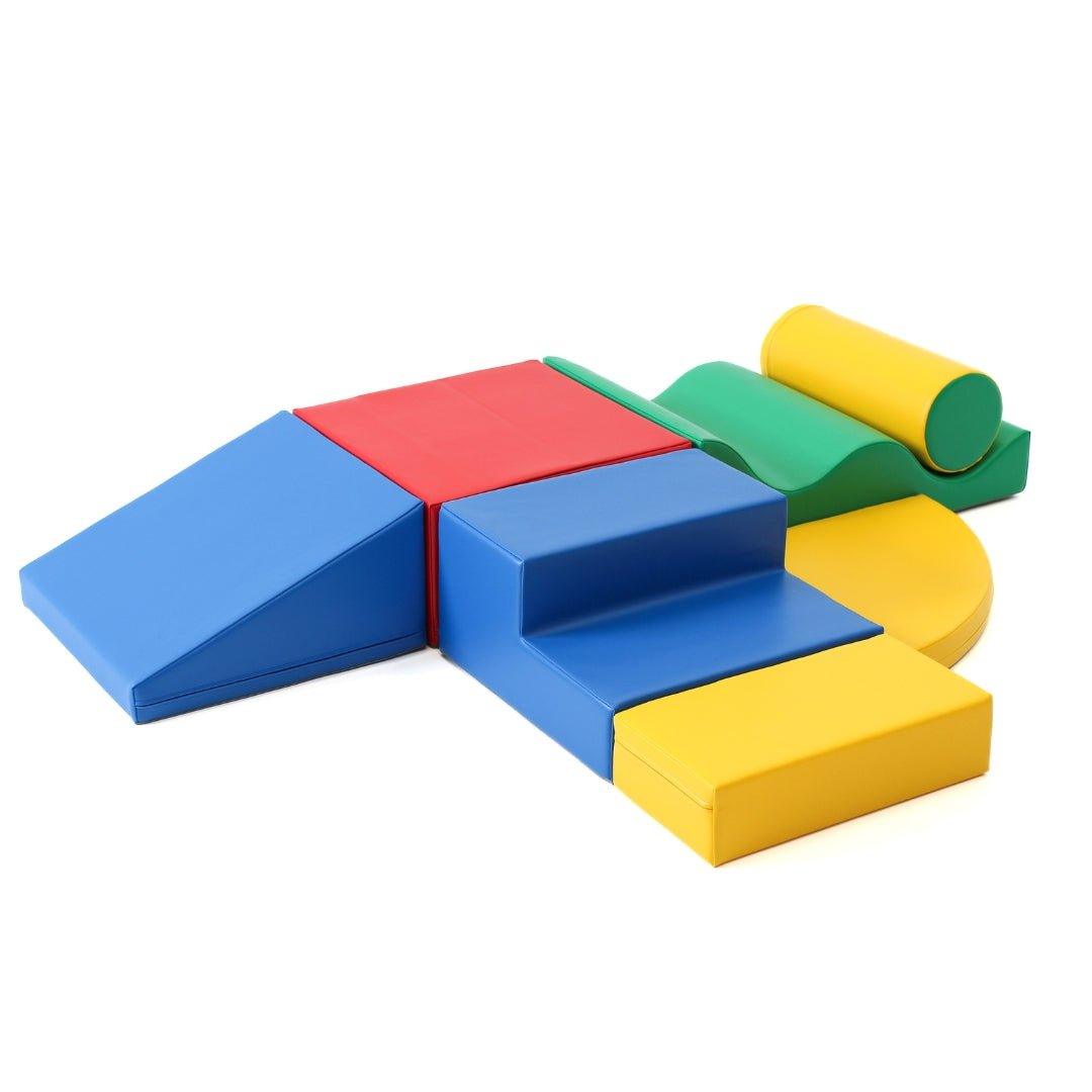 Multicolor soft play set arranged by various shapes, including wedges, steps, squares, and more