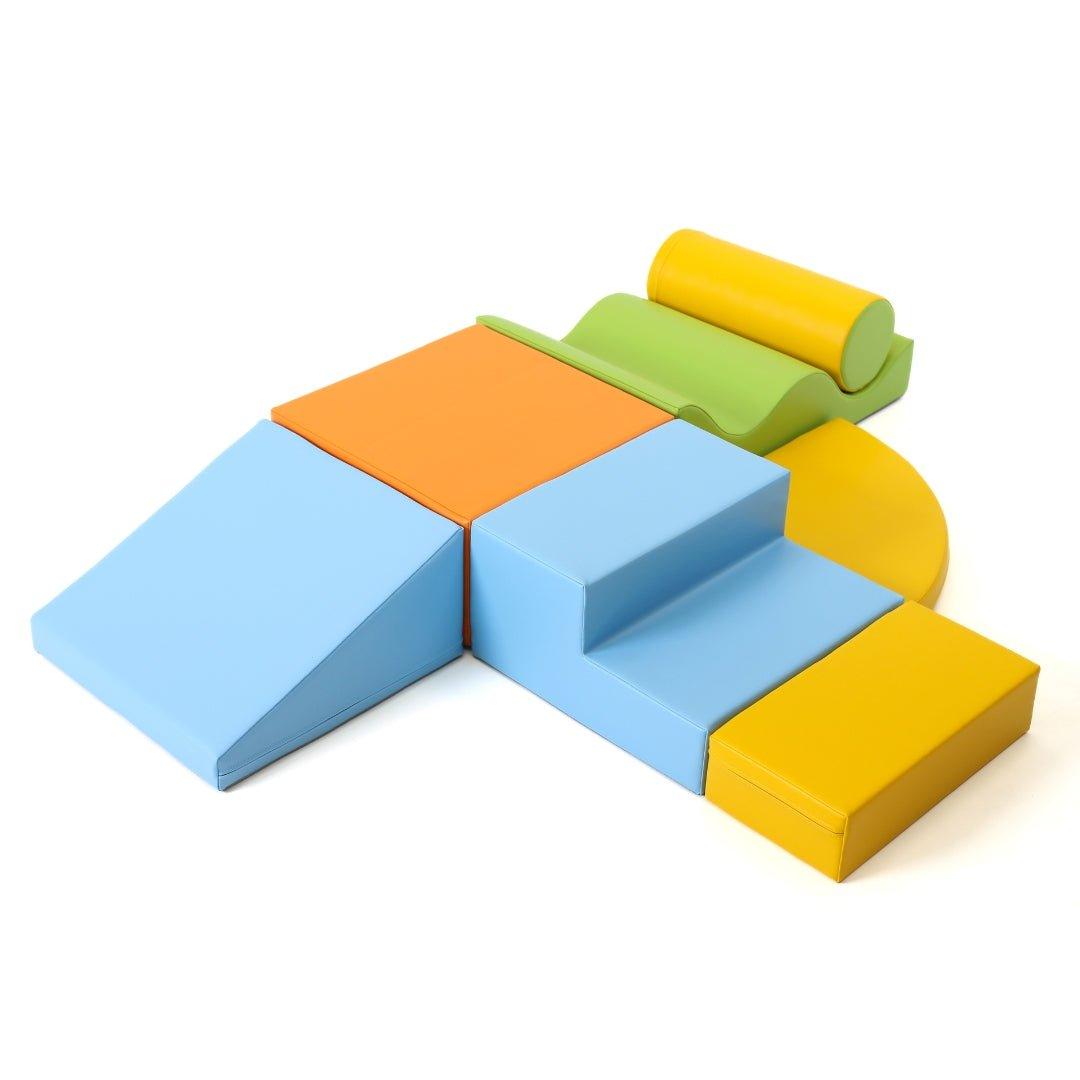 Light multicolor soft play set arranged by various shapes, including wedges, steps, squares, and more