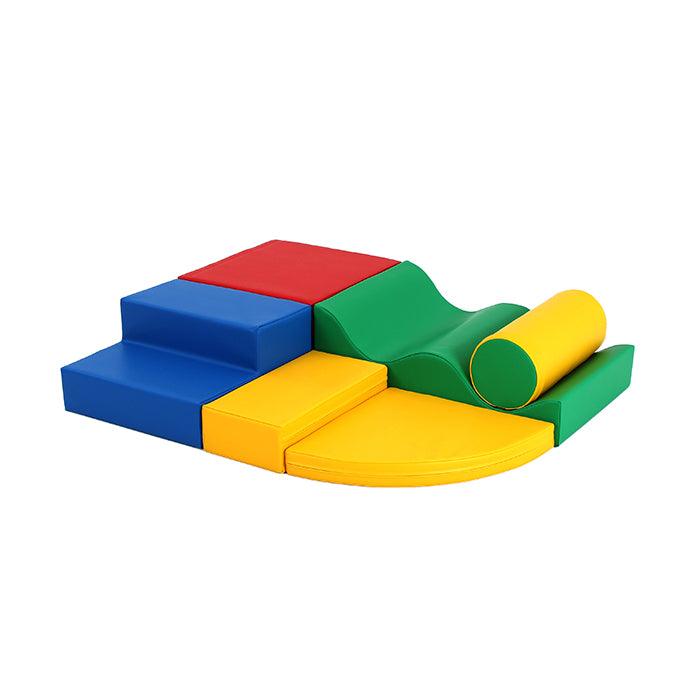 Multicolored soft play set that includes blue steps, red and yellow blocks, green curved pieces, and a yellow cylinder