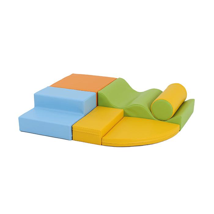 Light multicolored soft play set that includes blue steps, red and yellow blocks, green curved pieces, and a yellow cylinder