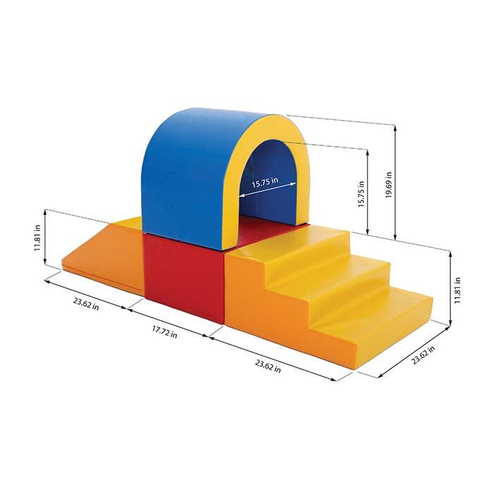 A soft play tunnel set with steps and slide measurements