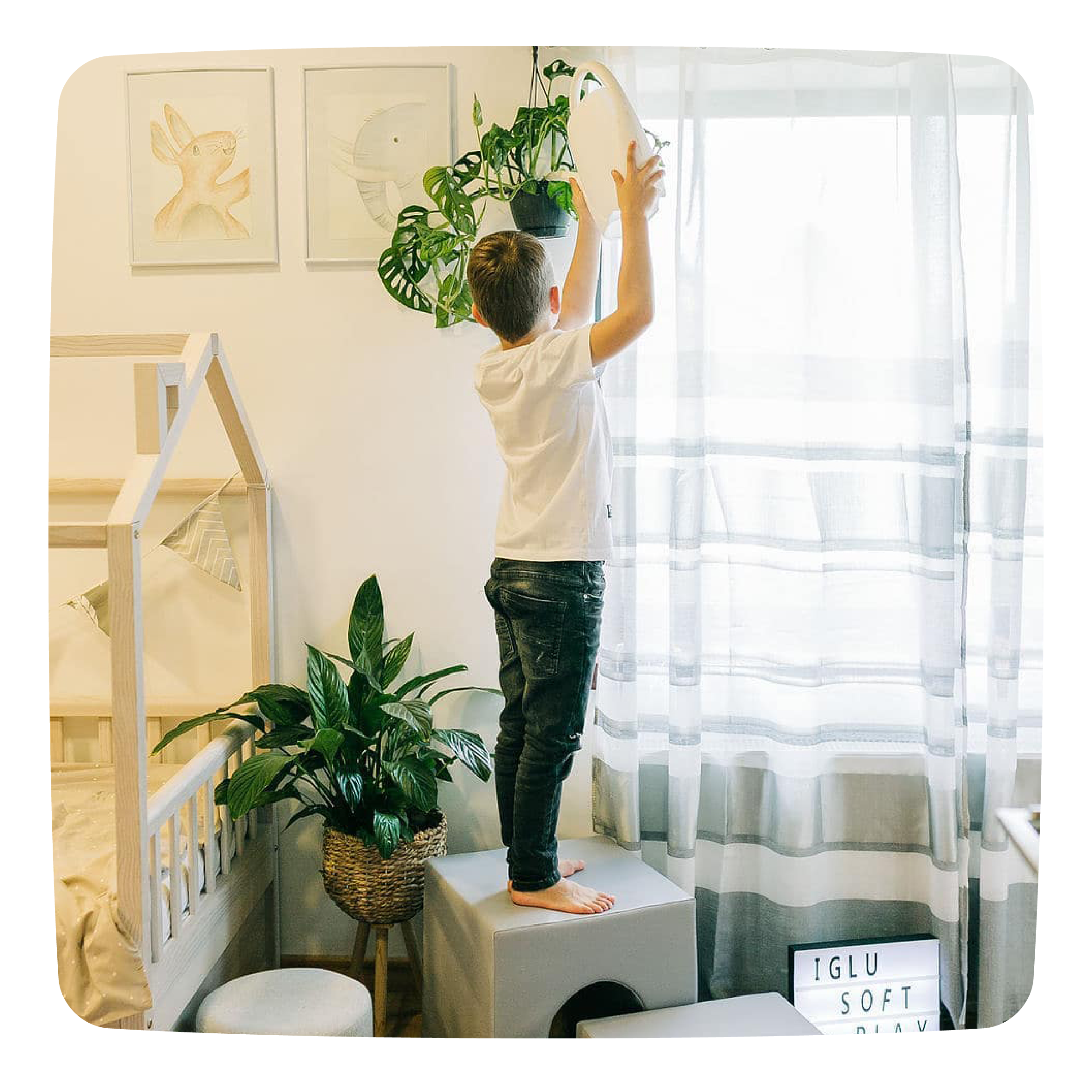 A boy watering plants standing on an IGLU block