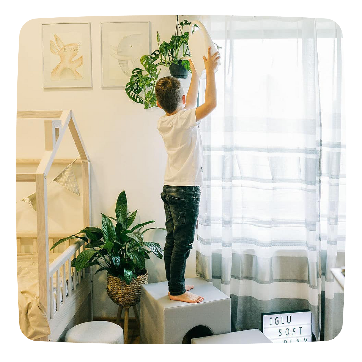 A boy watering plants standing on an IGLU block