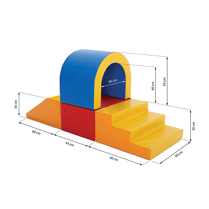A soft play tunnel set with steps and slide measurements