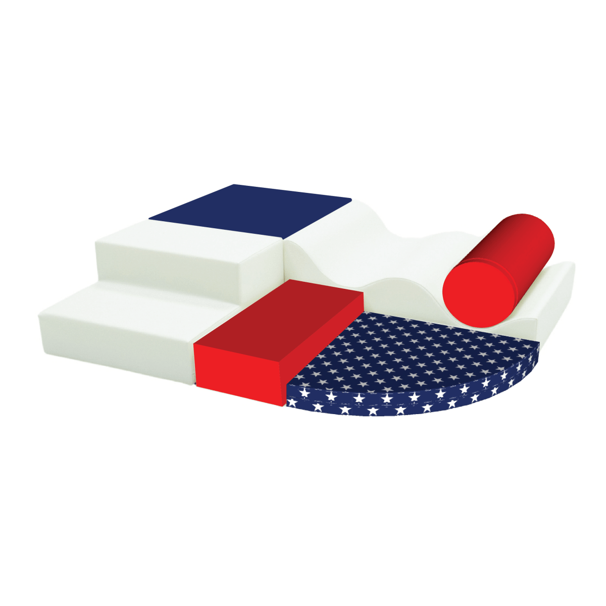 Soft play equipment in American flag colors arranged from shapes like steps, squares, a cylinder, and star-patterned semicircle