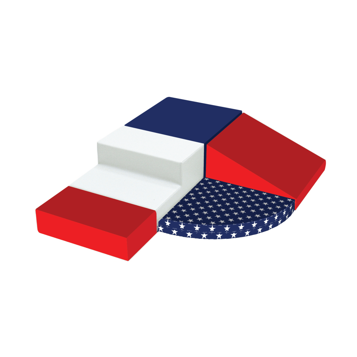 A soft play set in American Flag colors featuring various shapes like steps, wedges, and a star-patterned semicircle