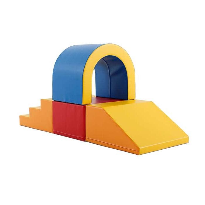 A soft play set with a tunnel and steps and slide