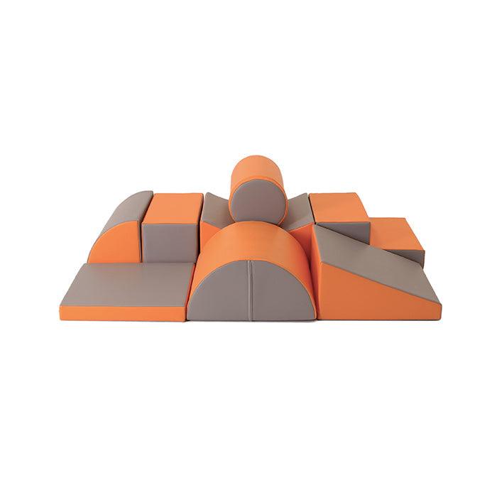 An imaginative Soft Play Activity Set - Adventurer of orange and grey foam blocks on a white background produced by IGLU Soft Play.