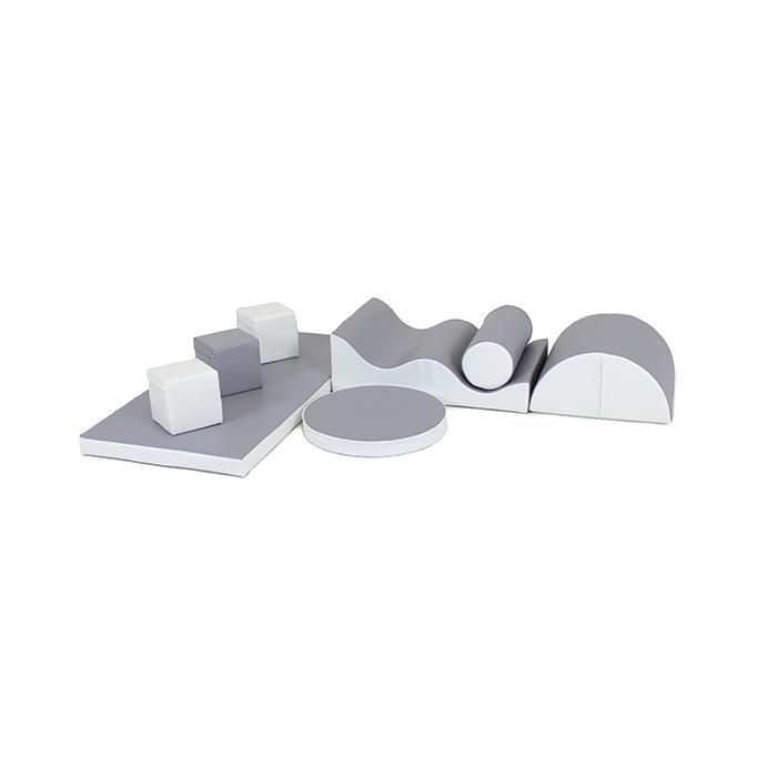 A set of IGLU Soft Play - Pathfinder soft play shapes and pathways in grey and white on a white surface.