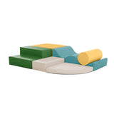 Colorful children's play structure with green, yellow, and blue blocks on a white background. Calefornia colours.